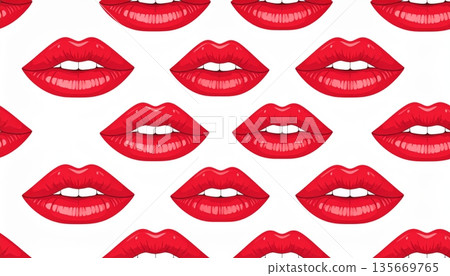 Vector illustration set of cartoon woman lips and mouth expressions with red lipstick and pink makeup featuring a smile with teeth for beauty glamour and love print design Vector illustration set of cartoon woman lips and mouth expressions with red lipstick and pink makeup featuring a smile with teeth for beauty glamour and love print design 135669765