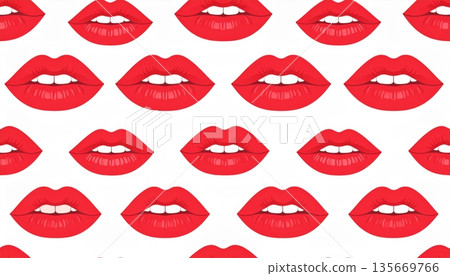 Vector illustration set of cartoon woman lips and mouth expressions with red lipstick and pink makeup featuring a smile with teeth for beauty glamour and love print design Vector illustration set of cartoon woman lips and mouth expressions with red lipstick and pink makeup featuring a smile with teeth for beauty glamour and love print design 135669766