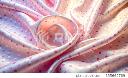 Abstract pink background featuring silk fabric waves and liquid bubbles in a swirling satin texture design with a soft ribbon pattern backdrop 135669769