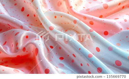 Abstract pink background featuring silk fabric waves and liquid bubbles in a swirling satin texture design with a soft ribbon pattern backdrop 135669770