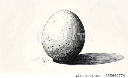 Isolated 3d white egg sphere and round glass ball object on a grey table with a chicken egg in a black circle bowl resembling a pearl planet in space 135669774