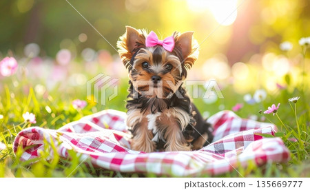 An adorable little purebred Yorkshire terrier puppy with long hair sits in the green garden grass as a cute small breed canine pet portrait 135669777