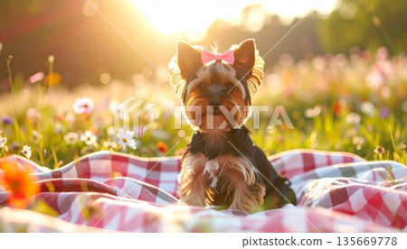 An adorable little purebred Yorkshire terrier puppy with long hair sits in the green garden grass as a cute small breed canine pet portrait 135669778