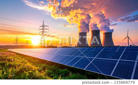 Modern solar power station panels on the roof capture energy under a sunset sky near high voltage industrial transmission lines and steel pylons for a sustainable electric supply Modern solar power station panels on the roof capture energy under a sunset sky near high voltage industrial transmission lines and steel pylons for a sustainable electric supply 135669779