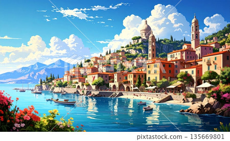 Dolphins jump through turquoise ocean waves near a tropical island beach and rocky coastline under a blue summer sky for a perfect nature travel landscape 135669801