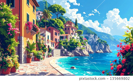 Dolphins jump through turquoise ocean waves near a tropical island beach and rocky coastline under a blue summer sky for a perfect nature travel landscape 135669802