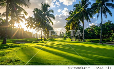 Tropical landscape featuring a lush green lawn and palm trees in the park at sunset with a beautiful summer sky over a resort garden field Tropical landscape featuring a lush green lawn and palm trees in the park at sunset with a beautiful summer sky over a resort garden field 135669814