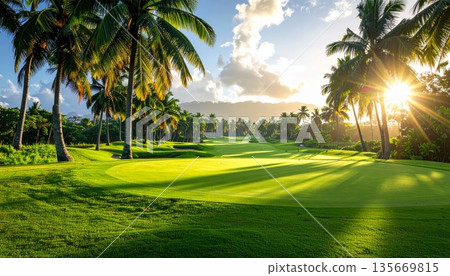 Tropical landscape featuring a lush green lawn and palm trees in the park at sunset with a beautiful summer sky over a resort garden field 135669815