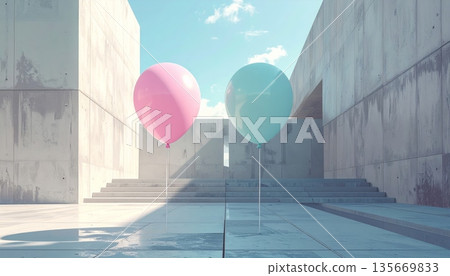 Pink balloons seen through a glass window of an old wooden house against a blue sky view 135669833