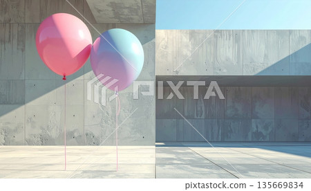 Pink balloons seen through a glass window of an old wooden house against a blue sky view 135669834