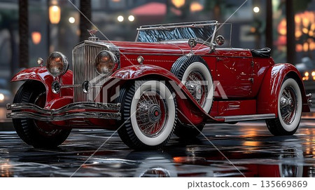 Classic Red Convertible Reflecting City Lights at Night 135669869