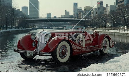 Maroon Duesenberg SJ Torpedo Convertible Coupe parked on a snowy 135669871