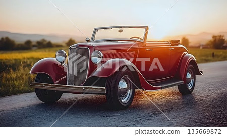 Classic Red Ford Roadster Shines at Sunset on a Rural Road 135669872