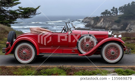 Crimson Classic: Vintage Roadster on Coastal Highway with Pacifi 135669879