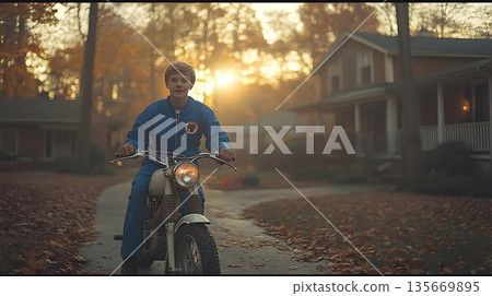 A Teenage Boy Rides a Motorcycle on a Suburban Street at Sunset 135669895