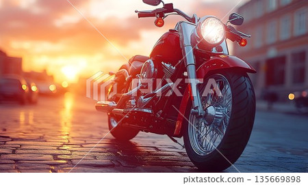 Red Motorcycle Gleaming on Wet Cobblestones at Sunset with Headl 135669898