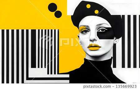 Geometric portrait with yellow accents, black beret, and stark c 135669923