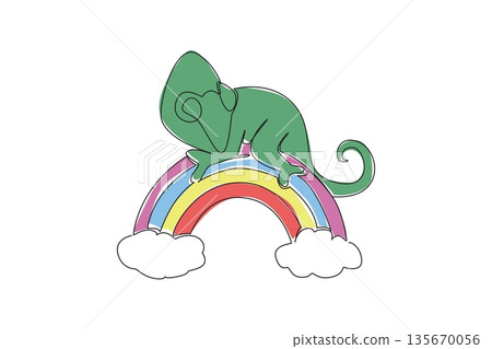 Single line drawing of charming green chameleon resting gracefully across a colorful rainbow arc positioned above blooming flowers. nature concept for cute reptile perfect for kids room wall decor Single line drawing of charming green chameleon resting gracefully across a colorful rainbow arc positioned above blooming flowers. nature concept for cute reptile perfect for kids room wall decor 135670056