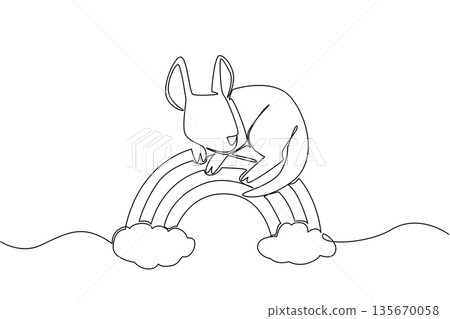 One line draw of sweet kangaroo resting its head on rainbow arc, lounging comfortably between two clouds. Nature concept for cute wild animal, ideal for nursery wall art and Australia Day celebration One line draw of sweet kangaroo resting its head on rainbow arc, lounging comfortably between two clouds. Nature concept for cute wild animal, ideal for nursery wall art and Australia Day celebration 135670058