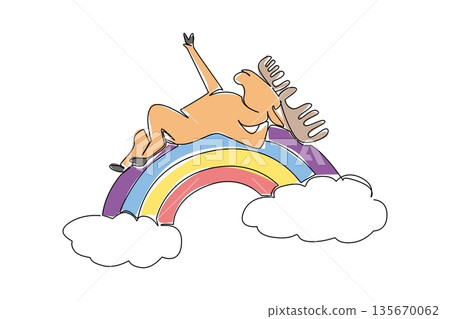 One line draw of moose sleeping supine on a rainbow, big antlers and long snout simplified into clean silhouette. Perfect for woodland, camping, and northern nature design for kids print and sticker 135670062