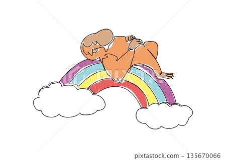 Continuous line drawing of orangutan napping suping belly up across rainbow, long limbs and gentle face for soft, friendly look. Great for rainforest conservation theme, children book, and eco poster 135670066