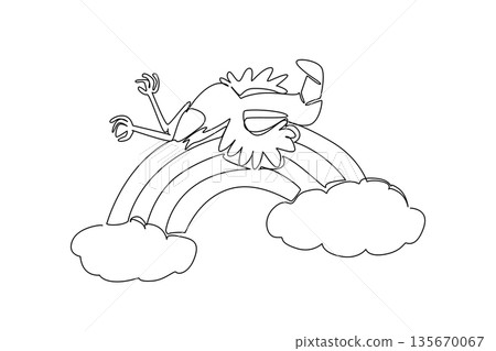 Continuous line drawing of a charming adorable flamingo animal sleeping supine on a rainbow with clouds. Nature concept, World Migratory Bird Day theme, cute nursery art illustration for kids 135670067