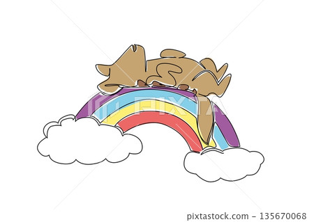 Single line drawing of playful laughing hyena sleeping supine on a rainbow. Nature concept illustration savannah theme for zoo branding. Minimalist graphic for kids storybook and boys wallpaper decor 135670068