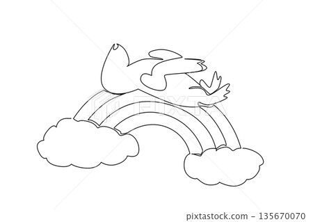 Single line draw of cute sea lion animal sleeping supine on a rainbow with soft fluffy clouds. Nature concept, World Oceans Day theme, cute nursery illustration for kids room decor and nursery print 135670070