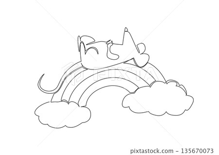 Single line drawing of cute mouse sleep supine position on the rainbow with soft fluffy clouds for nature animal concept. Perfect for nursery print, kids storybook cover and children stationery 135670073
