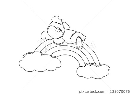 Single line draw of cute playful koala sleeping supine on rainbow with cloud, round ears and chubby face in calm cozy pose. Minimal illustration suitable for nursery poster and kids bedtime theme. 135670076