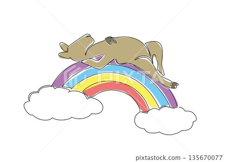 One line drawing of humped bactrian camel sleeping supine on a rainbow. Nature concept art desert theme for silk road stories. Creative illustration for middle east travel blog and kids story book One line drawing of humped bactrian camel sleeping supine on a rainbow. Nature concept art desert theme for silk road stories. Creative illustration for middle east travel blog and kids story book 135670077