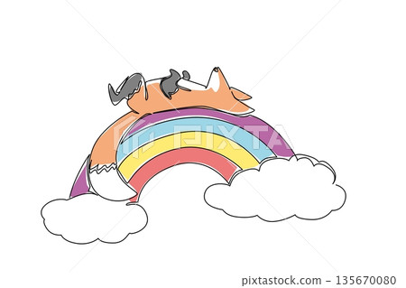 Single line drawing of sneak fennec fox sleeping supine on a rainbow. Nature concept illustration woodland theme for forest animals. Cute design for storybook cover and kids wall decor art 135670080