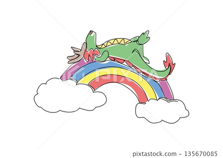 Continuous line drawing of cute baby dragon sleeping supine on rainbow bridge, with tiny spikes and curled tail. Clean minimalist for fantasy nursery wall art, sticker pack, and kids bedtime poster Continuous line drawing of cute baby dragon sleeping supine on rainbow bridge, with tiny spikes and curled tail. Clean minimalist for fantasy nursery wall art, sticker pack, and kids bedtime poster 135670085