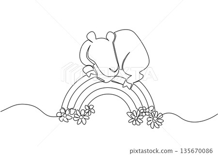 One line drawing of lovable camel gently resting comfortably on a rainbow arc between two clouds over daisies for the nature concept theme. Charming for children wall art decor One line drawing of lovable camel gently resting comfortably on a rainbow arc between two clouds over daisies for the nature concept theme. Charming for children wall art decor 135670086