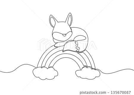 Continuous line drawing of cute charming little fox resting its head on a rainbow arc above the fluffy clouds. Unique artwork features the wildlife mammal laying down, perfect for nursery wall art 135670087