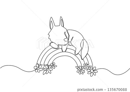 Single line drawing of sleepy adorable wolf cub napping peacefully and curled up on a rainbow with a blooming floral ground, for nursery decor. Nature concept of wildlife creature relaxing flower Single line drawing of sleepy adorable wolf cub napping peacefully and curled up on a rainbow with a blooming floral ground, for nursery decor. Nature concept of wildlife creature relaxing flower 135670088