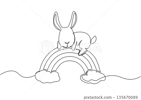 Continuous line drawing of playful bunny rabbit relaxing on a rainbow arch between two soft clouds. Nature concept design of the wildlife creature sleepy in a simple style, perfect for nursery decor Continuous line drawing of playful bunny rabbit relaxing on a rainbow arch between two soft clouds. Nature concept design of the wildlife creature sleepy in a simple style, perfect for nursery decor 135670089