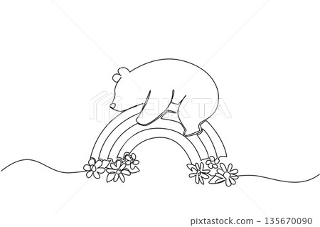 Sweet bear lying down on a rainbow decorated with blooming flowers in a continuous line drawing style. The nature concept artwork depicts the wildlife mammal resting peacefully among the many flowers Sweet bear lying down on a rainbow decorated with blooming flowers in a continuous line drawing style. The nature concept artwork depicts the wildlife mammal resting peacefully among the many flowers 135670090