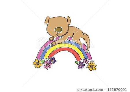 One line drawing of cute meerkat peering over a colorful rainbow with fluffy clouds. Nature concept for cute wild African animal for World Meerkat Day and kids nursery decor One line drawing of cute meerkat peering over a colorful rainbow with fluffy clouds. Nature concept for cute wild African animal for World Meerkat Day and kids nursery decor 135670091