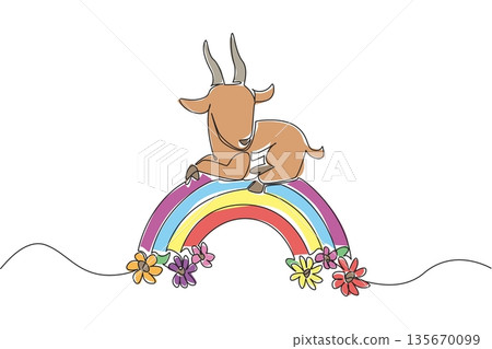 Continuous line drawing of elegant antelope with distinctive long horns is perched on a rainbow arc, beautifully decorated with blooming flowers at its base. Nature concept for cute wild animal, Continuous line drawing of elegant antelope with distinctive long horns is perched on a rainbow arc, beautifully decorated with blooming flowers at its base. Nature concept for cute wild animal, 135670099