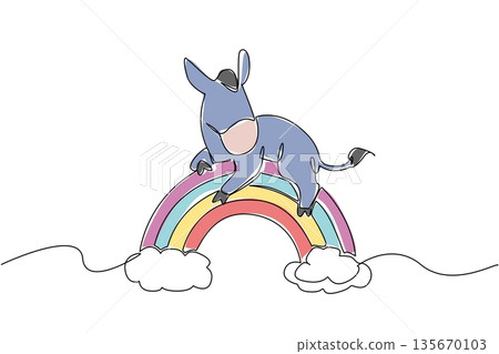 Single line drawing of charming donkey resting peacefully atop a multi layered rainbow that is anchored by soft, billowy clouds. Nature concept for cute farm animal, charming for nursery decor Single line drawing of charming donkey resting peacefully atop a multi layered rainbow that is anchored by soft, billowy clouds. Nature concept for cute farm animal, charming for nursery decor 135670103