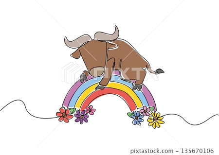 Single line drawing of sweet calm buffalo with curved horns lounging on rainbow arc surrounded by flowers. Nature concept for cute farm animal unique for nursery prints and agricultural designs Single line drawing of sweet calm buffalo with curved horns lounging on rainbow arc surrounded by flowers. Nature concept for cute farm animal unique for nursery prints and agricultural designs 135670106