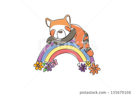 Single line drawing of a adorable red panda sleeping on a rainbow with flowers. Nature concept illustration captures a wildlife theme for International Red Panda Day. Cute design for kids clothing Single line drawing of a adorable red panda sleeping on a rainbow with flowers. Nature concept illustration captures a wildlife theme for International Red Panda Day. Cute design for kids clothing 135670108