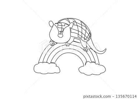 One line drawing of cute armadillo curled up on a rainbow with fluffy clouds below. Nature concept for cute wild animal, charming for nursery poster prints and wildlife conservation designs 135670114