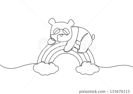 Lovable panda bear napping on a rainbow arc between two clouds. Continuous line drawing nature concept for cute animal theme, featuring a sleepy panda laying across a rainbow, ideal for nursery print Lovable panda bear napping on a rainbow arc between two clouds. Continuous line drawing nature concept for cute animal theme, featuring a sleepy panda laying across a rainbow, ideal for nursery print 135670115