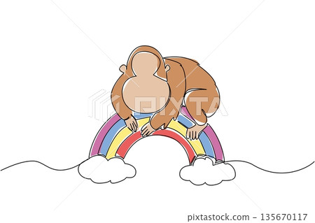 Single line drawing of peaceful cute orangutan draped over a rainbow, grounded by two soft clouds. Nature concept for cute jungle animal, charming for nursery prints and International Orangutan Day 135670117