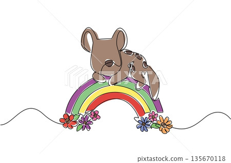 Cute animal laying down on the rainbow featuring a sleepy hyena in continuous line drawing style. Nature concept design shows the wildlife creature relaxing among the colorful flowers. 135670118
