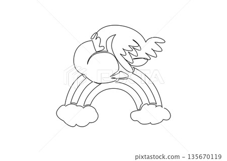 Single line drawing of tall and lovable ostrich napping its head comfortably on a rainbow arc, resting between two soft, white clouds. Nature concept for cute bird, unique for kids room wall art 135670119