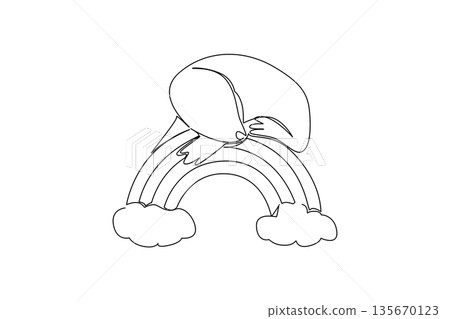 Single line drawing of playful and cute sea lion resting peacefully on rainbow with two soft clouds. Nature concept for cute marine animal, perfect for nursery decor and World Oceans Day celebration 135670123