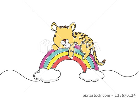 Single line drawing nature concept for cute wild animal theme, a cheetah cub laying rest comfortably on rainbow with clouds, perfect for safari nursery decor and International Cheetah Day artwork. 135670124